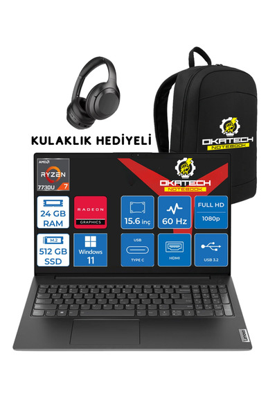 LENOVO V15 RYZEN 7 7730U 24 GB RAM DDR4 512 GB SSD 15,6" FULLHD WİN11PRO NOTE...