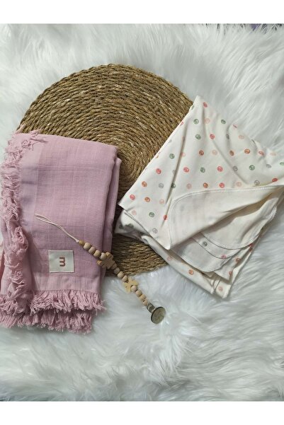 mayakids Baby Pink White Polka Dots Combed Cotton Muslin Blanket with Pacifier Strap, 2-Piece Set with Gift