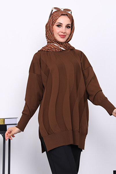 İmajButik Brown Crew Neck Cold Thread Knitwear Tunic