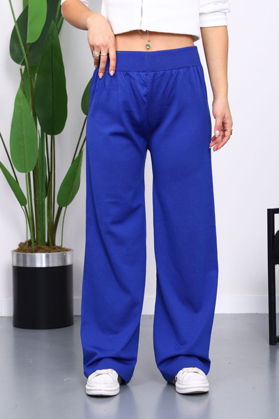 İmajButik Cobalt Blue High Waist Corded Fabric Wide Leg Knitwear Pants