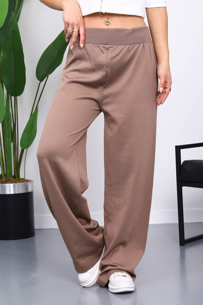 İmajButik Koyuv Mink High Waist Corded Fabric Wide Leg Knitwear Trousers