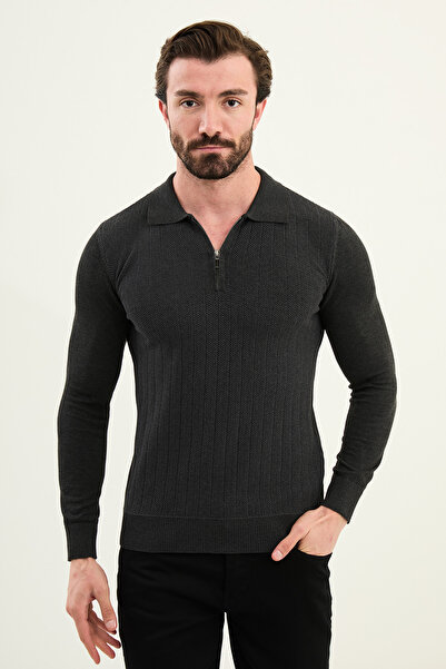Mcr Patterned Slim Fit Polo Neck Zippered Wool Men's Knitwear Sweater Anthracite - 11570.25K