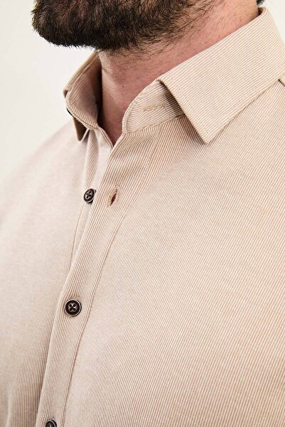Mcr Striped Slim Fit Wool Long Sleeve Men's Shirt Beige - 27113.25K