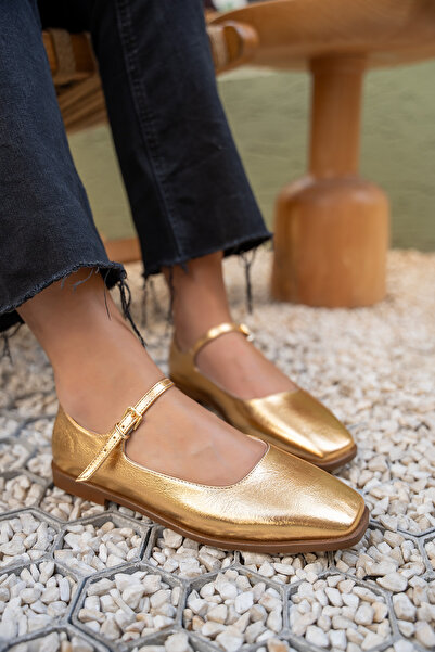 LAMİNTA Flue Gold Leather Women's Buckle Flat Ballerinas