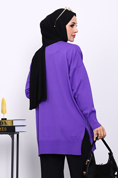 İmajButik Purple Crew Neck Cold Thread Knitwear Tunic