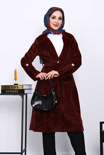 İmajButik Μπορντό παλτό Angora διπλό πέτο με λαιμόκοψη και μανίκια με επένδυση