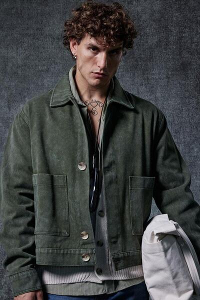 ablukaonline Men's Boxy Fit Buttoned Pocket Jacket Khaki Green