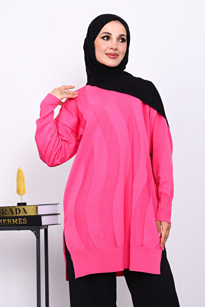 İmajButik Fuchsia Crew Neck Cold Thread Knitwear Tunic