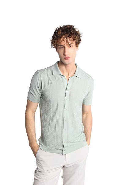 İgs Відкритий зелений Slim Fit вузький крій з ґудзиками, поло-комір, візерунок, короткі рукави, трикотажна футболка