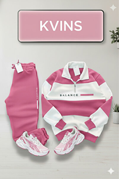 KVİNS Pembe Unisex Oversize Yarım Fermuarlı Pamuklu Eşofman Takımı | Polo Yaka Sweatshirt & Eşofman Altı