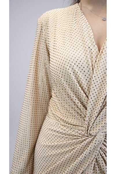 CAREZZA Starlight - Draped Stone Stretch Fabric Ecru Evening Dress