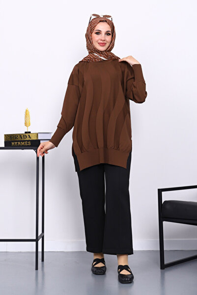 İmajButik Brown Crew Neck Cold Thread Knitwear Tunic