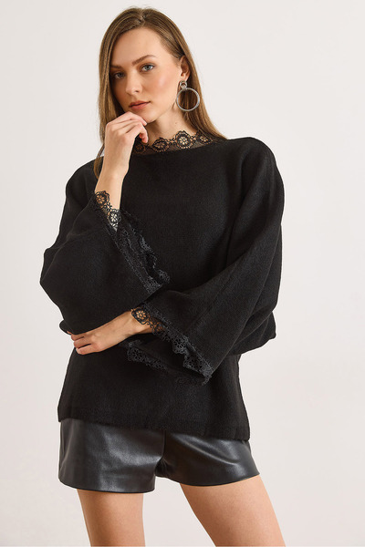 Olalook Women's Black 2 Ways Wearable Lace Detailed Loose Knitwear Sweater Kzk-19001058