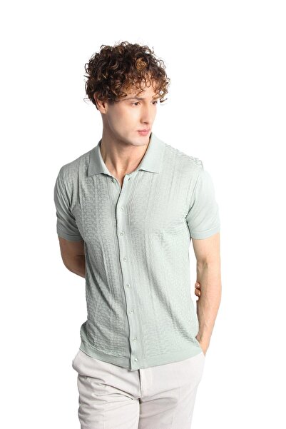 İgs Відкритий зелений Slim Fit вузький крій з ґудзиками, поло-комір, візерунок, короткі рукави, трикотажна футболка