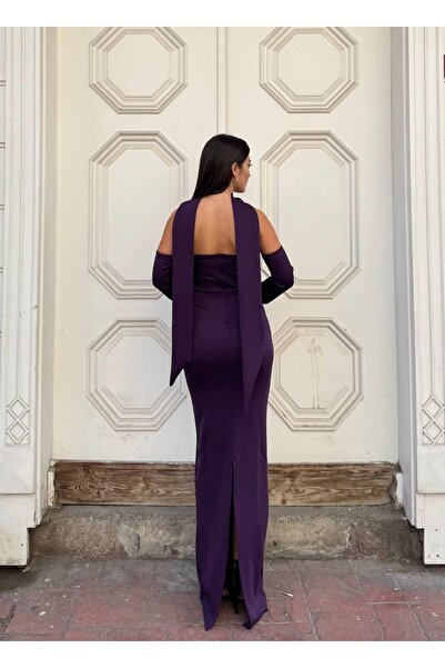 Modafeminen Scuba stretch fabric embroidered scarf detail fish tail evening dress 583340 purple