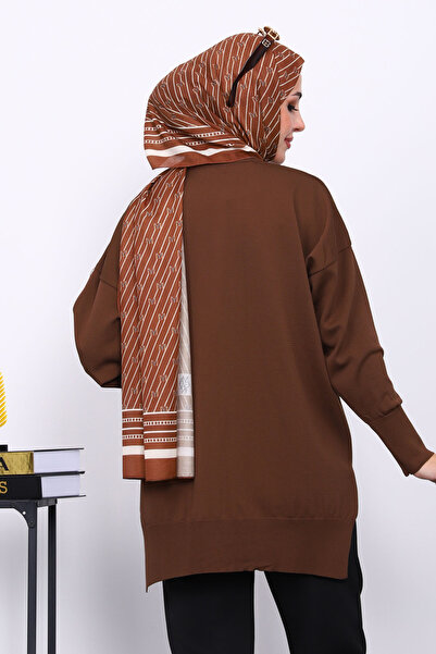 İmajButik Brown Crew Neck Cold Thread Knitwear Tunic