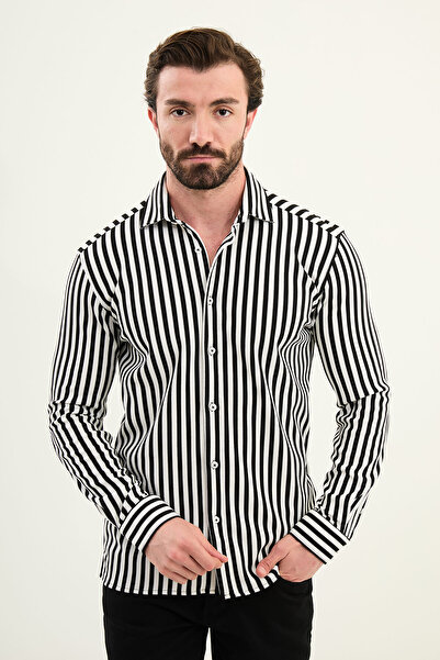 Mcr Striped Slim Fit Long Sleeve Men's Shirt Black - 27115.25K