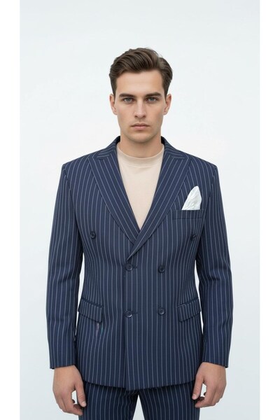 Plus Scorpion Navy Blue Striped Men's Double-Breasted Blazer Jacket – Italian Cut, Modern and Classic Elegance