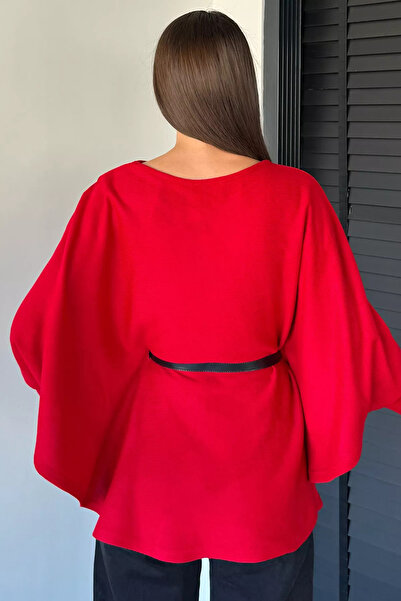 ZehraGül Kırmızı Kadın Kemerli Triko Panço