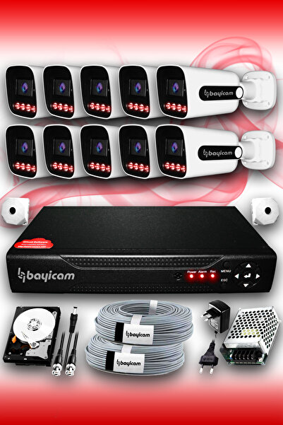 Bayicam 10 Kameralı Süper 10 Dış Kamera Set 1 TB 5 MP 2K Net Gece Görüşlü Güvenlik Kamerası Sistemi