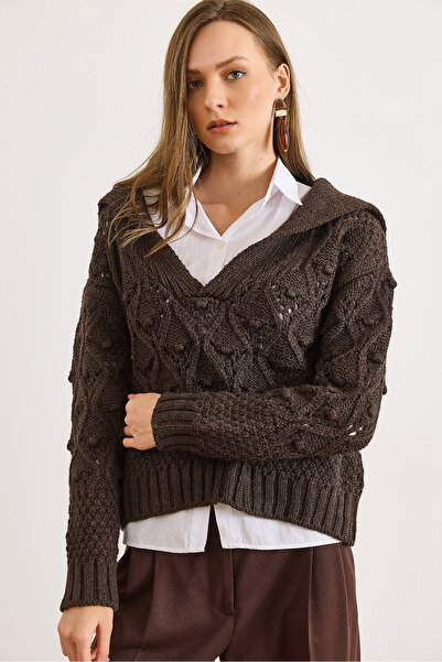 Olalook Women's Brown Polo Neck Openwork Detailed Knitwear Sweater Kzk-19001057