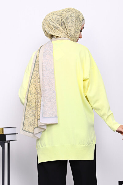 İmajButik Yellow Crew Neck Cold Thread Knitwear Tunic
