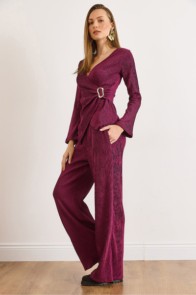 Olalook Women's Plum Top with Accessories Blouse Bottom Pocket Pants Tok Set Tkm-19000459