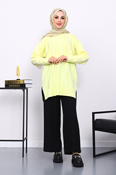İmajButik Yellow Crew Neck Cold Thread Knitwear Tunic