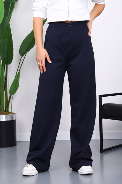 İmajButik Navy Blue High Waist Corded Fabric Wide Leg Knitwear Trousers