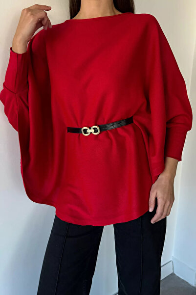 ZehraGül Kırmızı Kadın Kemerli Triko Panço