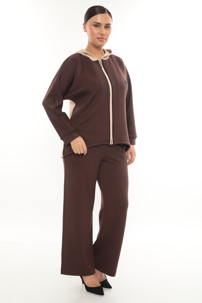 EXİTLİNE Women's Seasonal Special Accessory Zippered Slit Brown-Beige Tracksuit Set