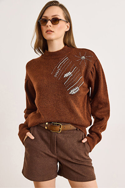 Olalook Women's Brown Stone Detailed Soft Textured Balloon Sleeve Knitwear Sweater Kzk-19001059