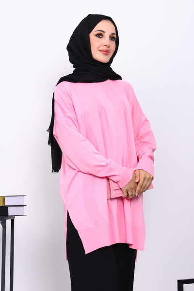 İmajButik Pink Crew Neck Cold Thread Knitwear Tunic