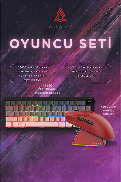 Ajazz AK650 TFT Ekranlı 3 Modlu Oyuncu Klavyesi + 139 v2 MC Profesyonel Oyuncu Mouse Seti