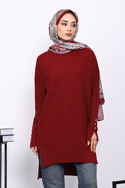 İmajButik Burgundy Short Front Long Back Knit Tunic
