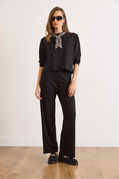 Olalook Women's Black Modal Buttoned Trendy Bottom Draped Suit Tkm-19000462