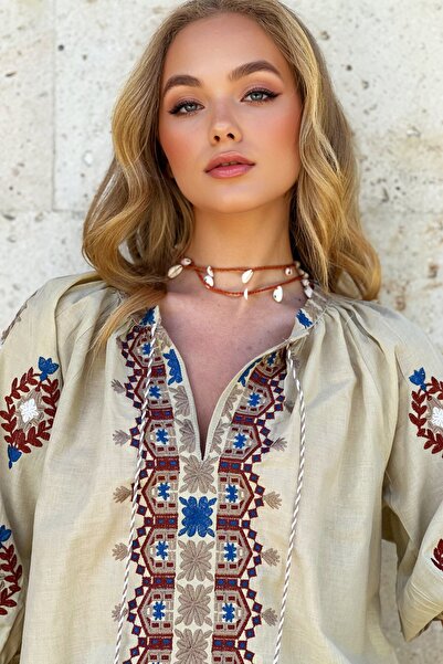 Trend Alaçatı Stili Μπλούζα με καρπούζι με φούντα σε σκούρο μπεζ λαιμόκοψη - ALC-X12417