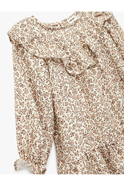 Koton Long Sleeve Crew Neck Ruffled Viscose Floral Dress