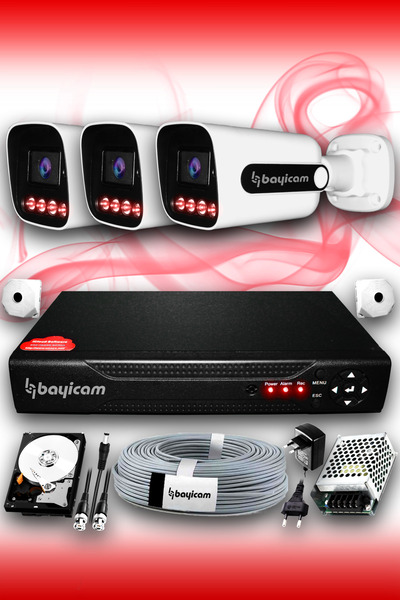 Bayicam 3 Kameralı Süper 3 Dış Kamera Set 250 GB 5 MP 2K Net Gece Görüşlü Güv...