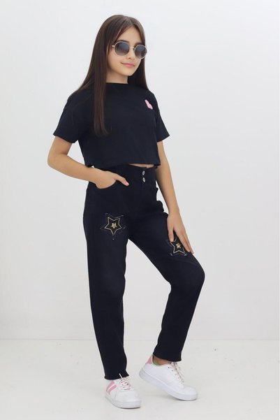 RAPİDO LİFE Girls' Boyfriend Embroidered Basic Jeans Denim Jean Casual Style Kids