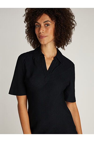 Calvin Klein Women Black Textured Crepe Short Sleeve Midi Polo Dress