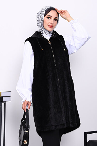 İmajButik Black Hooded Fur Vest