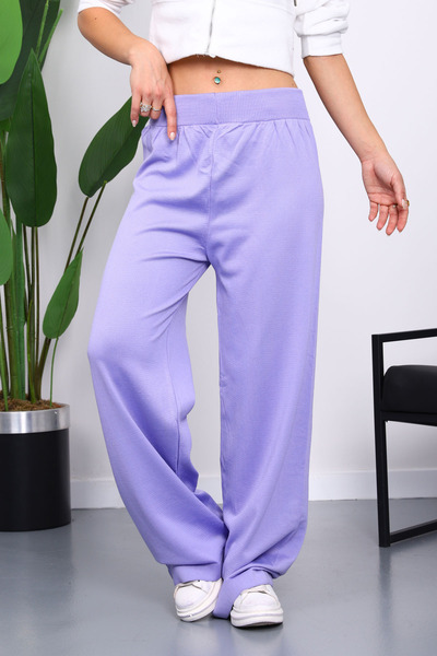 İmajButik Lila High Waist Corded Fabric Wide Leg Knitwear Trousers