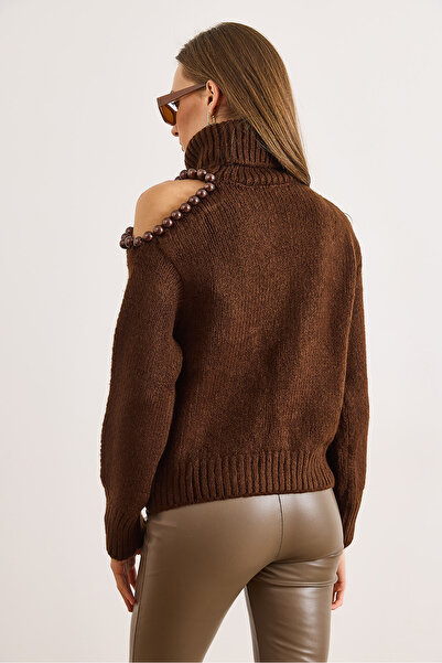 Olalook Pulover de tricotat gros, maro, cu un singur umăr, cu accesorii, pentru femei KZK-19001052