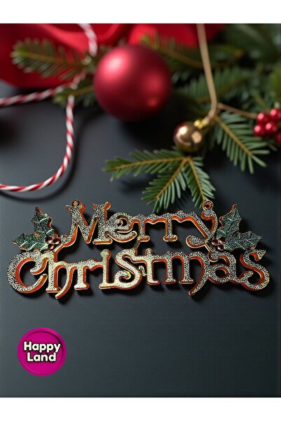 Happyland Yılbaşı Süsü Gold Renk Merry Christmas Kapı Duvar Ağac Süsü 30x10 cm HAPPY20205-111