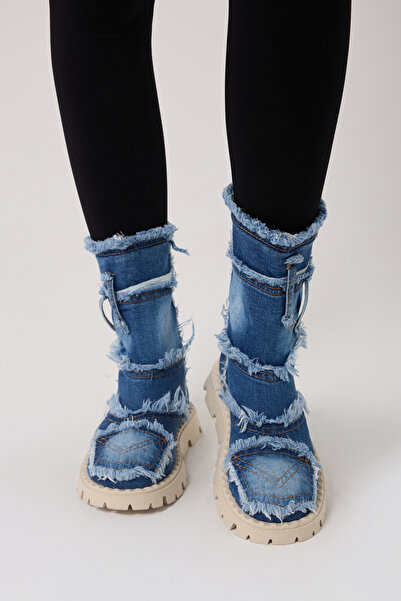 StarBlueMooN Women's Denim Boots with Tassel and Pocket Detail