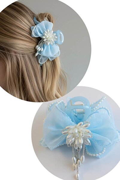 TAKIŞTIR Blue Color Ribbon Figured Pearl Detailed Latch Buckle