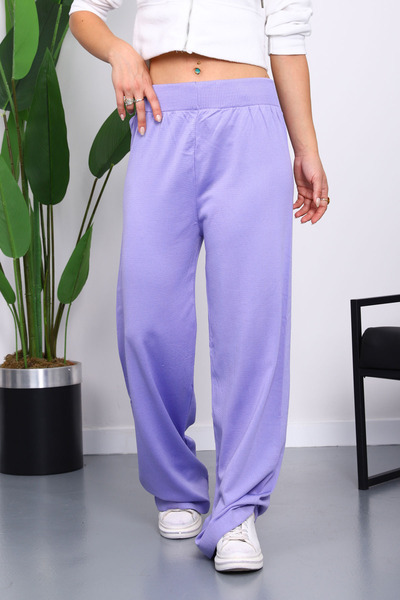 İmajButik Lila High Waist Corded Fabric Wide Leg Knitwear Trousers
