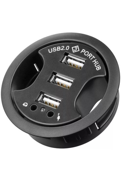OEM Hub USB 2.0 cu 3 porturi + audio, montabil pe birou, negru, Goobay