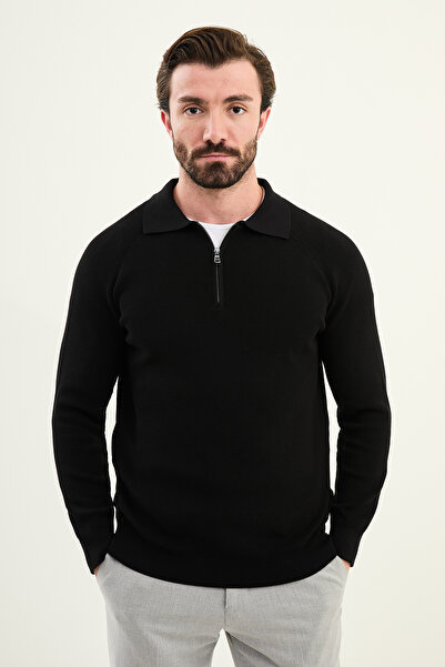Mcr Textured Slim Fit Zipper Polo Neck Men's Knitwear Sweater Black - 11578.25K